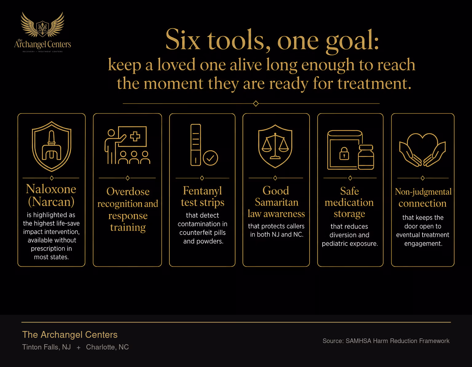 The six core harm reduction tools families can deploy while a loved one is still using. Naloxone (Narcan) is highlighted as the highest life-save impact intervention, available without prescription in most states. The other five tools are overdose recognition and response training, fentanyl test strips that detect contamination in counterfeit pills and powders, Good Samaritan law awareness that protects callers in both NJ and NC, safe medication storage that reduces diversion and pediatric exposure, and non-judgmental connection that keeps the door open to eventual treatment engagement.