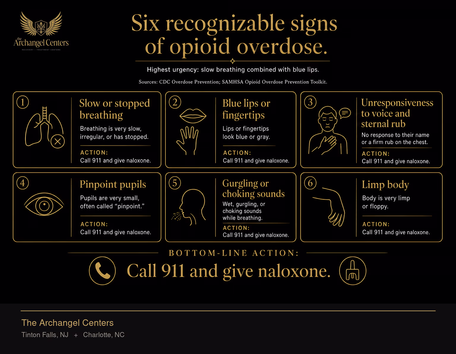 Six signs of opioid overdose with what each one looks like and the action it should trigger. The two highest-urgency signs, marked in gold, are slow or stopped breathing and blue lips or fingertips. The other four signs are unresponsiveness to voice and sternal rub, pinpoint pupils, gurgling or choking sounds, and limp body. The bottom-line action is call 911 and give naloxone.
