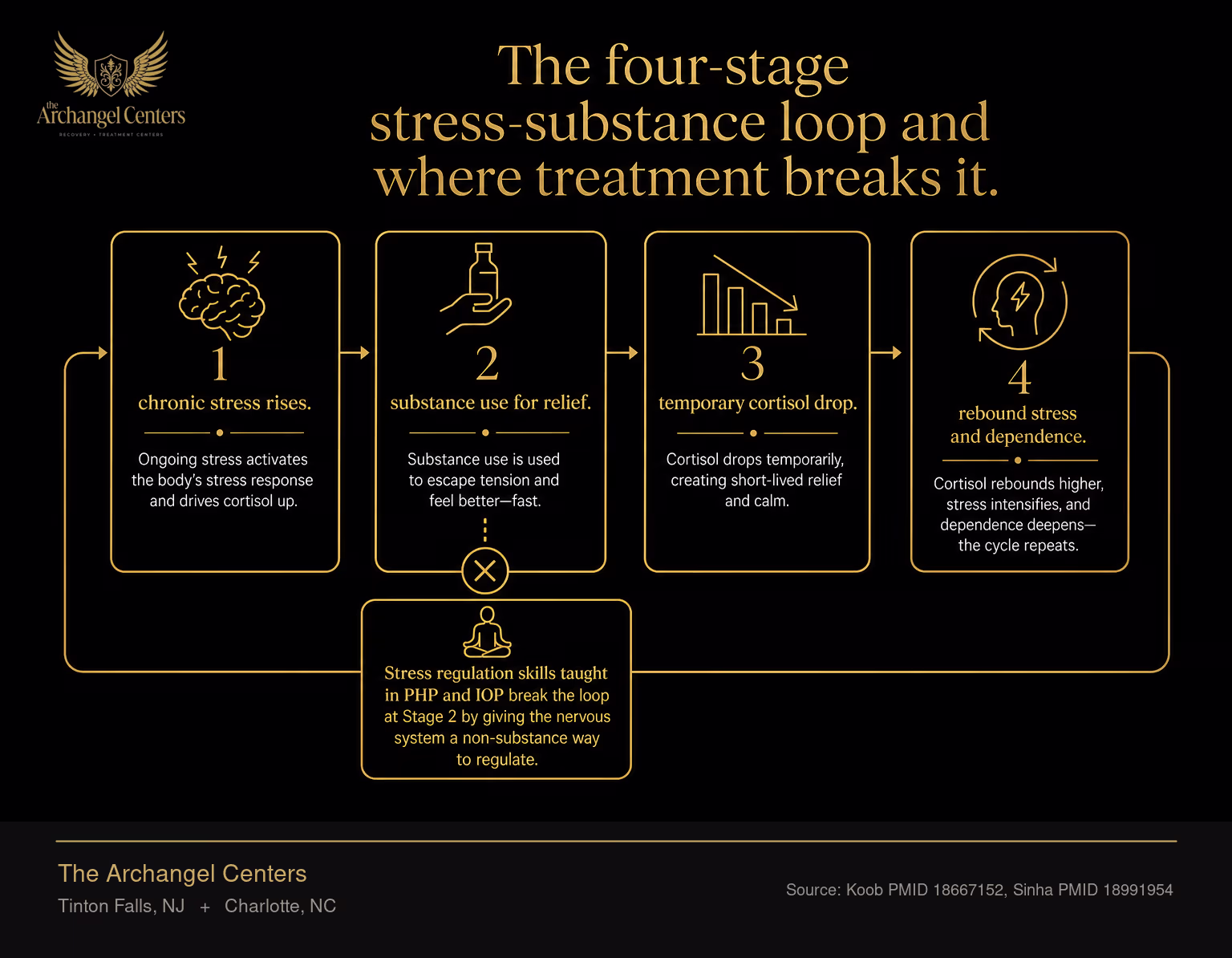The stress-and-substance cycle that drives relapse. Stage 1 chronic stress rises. Stage 2 substance use for relief. Stage 3 temporary cortisol drop. Stage 4 rebound stress and dependence. The cycle repeats. Stress regulation skills taught in PHP and IOP break the loop at Stage 2 by giving the nervous system a non-substance way to regulate.