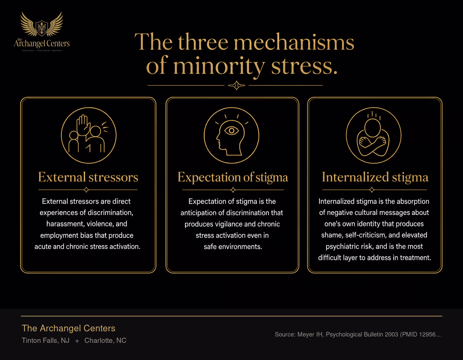 The three mechanisms of minority stress that drive elevated substance use disorder risk in LGBTQ+ populations. External stressors are direct experiences of discrimination, harassment, violence, and employment bias that produce acute and chronic stress activation. Expectation of stigma is the anticipation of discrimination that produces vigilance and chronic stress activation even in safe environments. Internalized stigma is the absorption of negative cultural messages about one's own identity that produces shame, self-criticism, and elevated psychiatric risk, and is the most difficult layer to address in treatment.