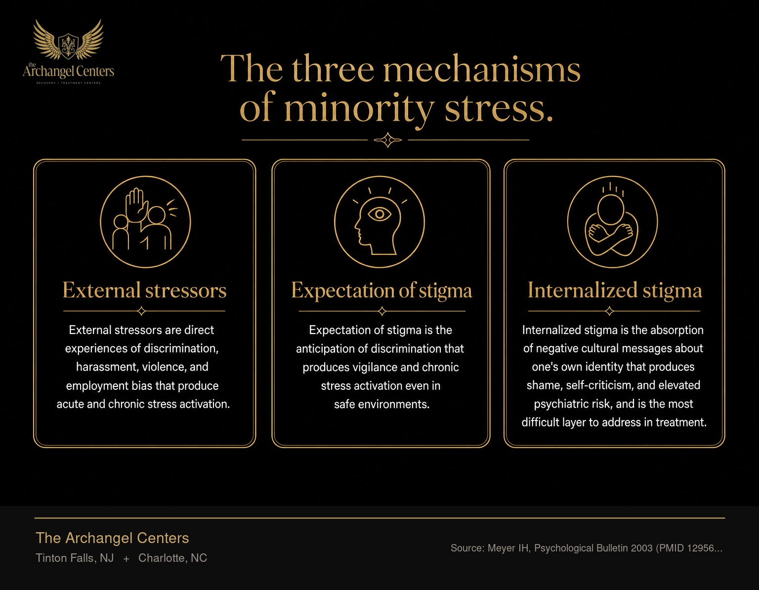The three mechanisms of minority stress that drive elevated substance use disorder risk in LGBTQ+ populations. External stressors are direct experiences of discrimination, harassment, violence, and employment bias that produce acute and chronic stress activation. Expectation of stigma is the anticipation of discrimination that produces vigilance and chronic stress activation even in safe environments. Internalized stigma is the absorption of negative cultural messages about one's own identity that produces shame, self-criticism, and elevated psychiatric risk, and is the most difficult layer to address in treatment.