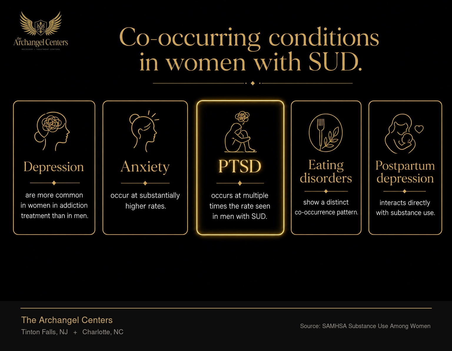 Co-occurring conditions are more common in women in addiction treatment than in men. Depression and anxiety occur at substantially higher rates, PTSD occurs at multiple times the rate seen in men with SUD, eating disorders show a distinct co-occurrence pattern, and postpartum depression interacts directly with substance use. The gold accent highlights PTSD as the highest-magnitude clinical signal.