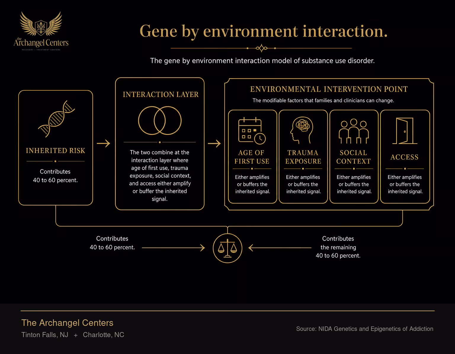 The gene by environment interaction model of substance use disorder. Inherited risk contributes 40 to 60 percent and environmental factors contribute the remaining 40 to 60 percent. The two combine at the interaction layer where age of first use, trauma exposure, social context, and access either amplify or buffer the inherited signal. The gold accent marks the environmental intervention point, the modifiable factors that families and clinicians can change.