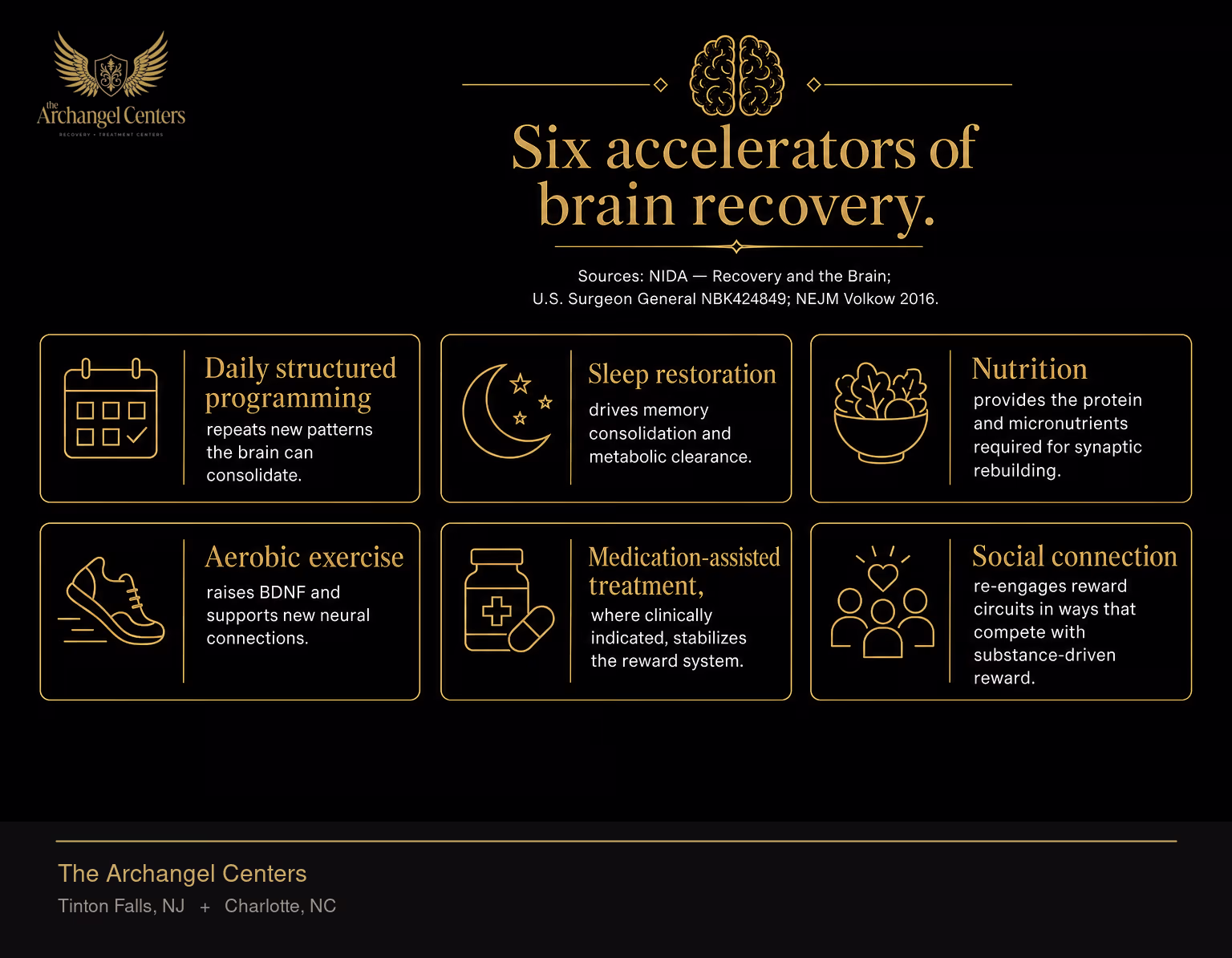 Six evidence-based factors that accelerate brain recovery during sustained sobriety. Daily structured programming repeats new patterns the brain can consolidate. Sleep restoration drives memory consolidation and metabolic clearance. Nutrition provides the protein and micronutrients required for synaptic rebuilding. Aerobic exercise raises BDNF and supports new neural connections. Medication-assisted treatment, where clinically indicated, stabilizes the reward system. Social connection re-engages reward circuits in ways that compete with substance-driven reward.