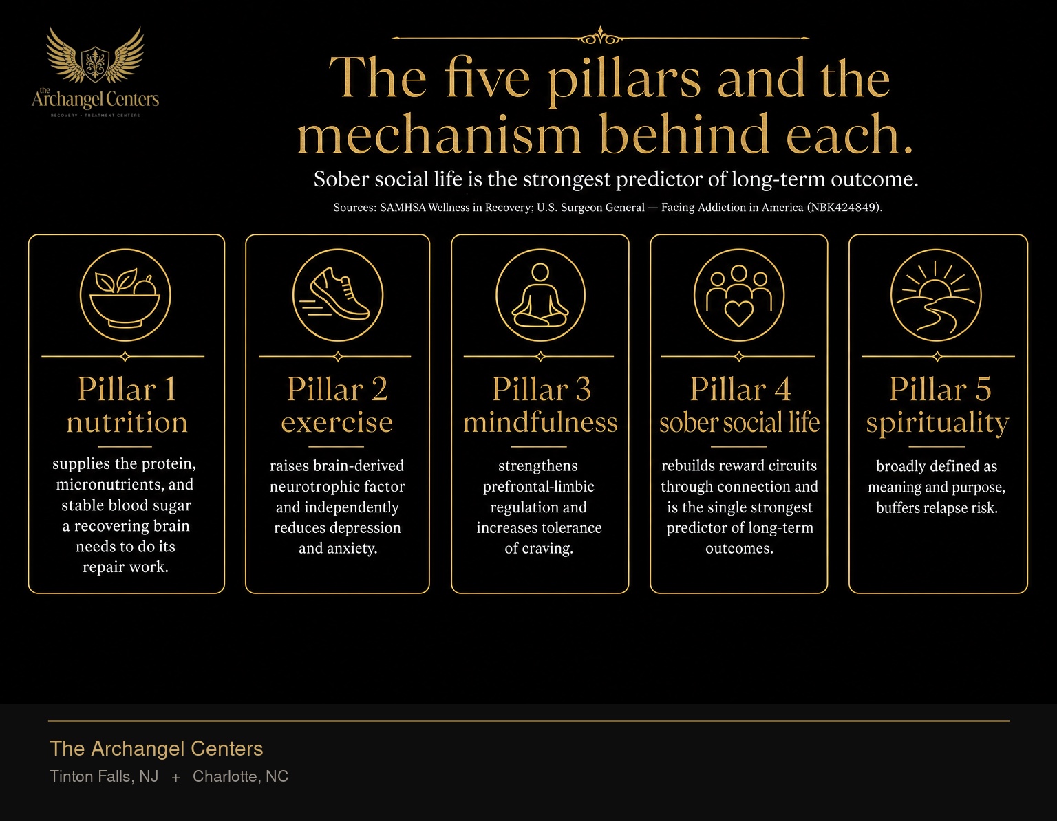 The five pillars of wellness in addiction recovery, each with the mechanism by which it supports the recovering brain. Pillar 1 nutrition supplies the protein, micronutrients, and stable blood sugar a recovering brain needs to do its repair work. Pillar 2 exercise raises brain-derived neurotrophic factor and independently reduces depression and anxiety. Pillar 3 mindfulness strengthens prefrontal-limbic regulation and increases tolerance of craving. Pillar 4 sober social life rebuilds reward circuits through connection and is the single strongest predictor of long-term outcomes. Pillar 5 spirituality, broadly defined as meaning and purpose, buffers relapse risk.
