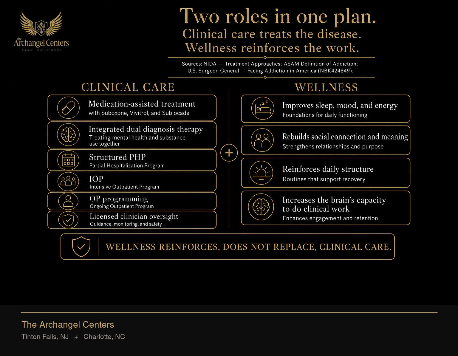 A comparison showing the supplemental relationship between wellness work and clinical care in addiction recovery. Clinical care treats the underlying disease through medication-assisted treatment with Suboxone, Vivitrol, and Sublocade, integrated dual diagnosis therapy, structured PHP, IOP, and OP programming, and licensed clinician oversight. Wellness reinforces daily structure, improves sleep, mood, and energy, rebuilds social connection and meaning, and increases the brain's capacity to do clinical work. A gold-accent banner states that wellness reinforces, does not replace, clinical care.